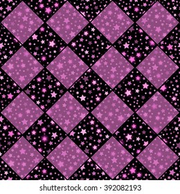 Pink and black vector seamless chess styled vintage texture with clove flowers and shining rounds. Vector illustration