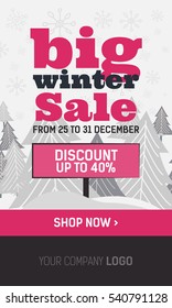 Pink and black web banner big winter sale with trees, plate special offer and shop now