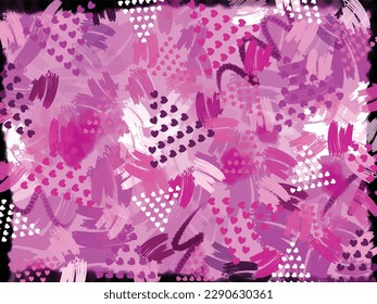Pink, black, and white abstract triangle heart and brush strokes grunge decorative vector background isolated on horizontal landscape template. Girly wallpaper for website cover, poster, scarf prints.