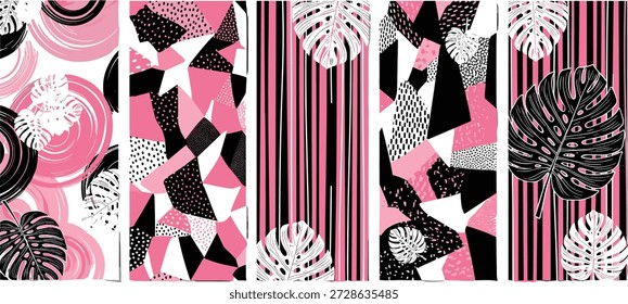 Pink, black, white abstract vector panels with geometric shapes, tropical leaves, dotted textures, modern stylish design for creative use