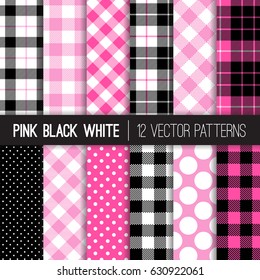 Pink, Black and White Polka Dots, Gingham and Tartan Plaid Vector Patterns. Trendy Hipster Lumberjill Flannel Shirt Checks. Set of Girly Chic Hot Pink Backgrounds. Pattern Tile Swatches Included.