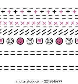 Pink, black and white stitches and buttons. Seamless border. Hand-drawn doodles collection. Vector illustration.