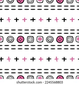 Pink, black and white stitches and buttons. Seamless pattern. Doodle collection. Hand-drawn vector illustration.