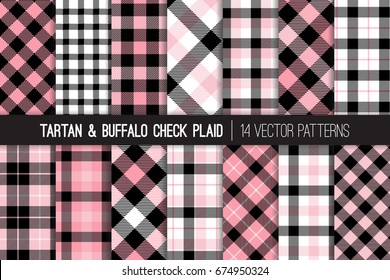 Pink, Black And White Tartan And Buffalo Check Plaid Vector Patterns. Preppy School Uniform Style Fashion. Hipster Female Lumberjack Flannel Shirt Fabric Textures. Pattern Tile Swatches Included.