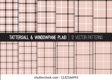 Pink, Black and White Tattersall & Windowpane Plaid Vector Patterns. Trendy Fashion Textile Print. Pastel Color Backgrounds. Small to Large Scale Check Textile Prints. Pattern Tile Swatches Included.