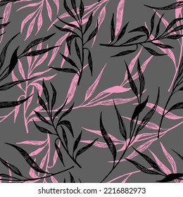 Pink black willow branch leaves seamless pattern vector design. Hand drawn style fabric print. Cute pink black levaes seamless pattern, willow branches endless design. Fashuinable pretty textile print