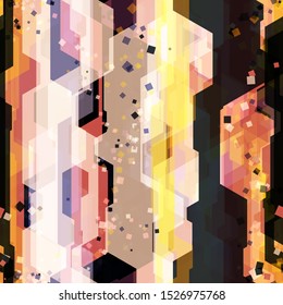 Pink, black, yellow seamless texture from different geometric elements. Hight tech effect. 