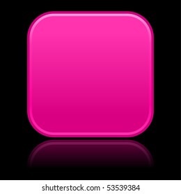 Pink blank internet web button. Colored rounded square shape with reflection. Black background