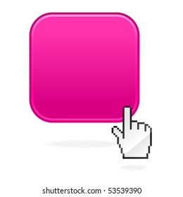 Pink blank internet web button. Colored rounded square shape with computer cursor hand. White background