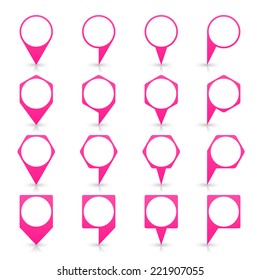 Pink blank map pin sign location icon with circular copy space and gray shadow, reflection on white background  in simple flat style. Web design element save in vector illustration 8 eps
