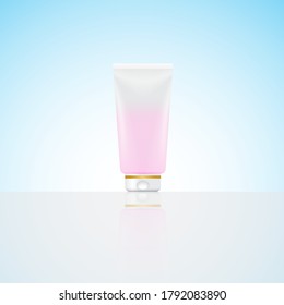 Pink blank plastic tube mockup for cosmetics with cap.,  Front view., Vector illustration