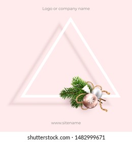 Pink blank postcard for Christmas and new year greetings. Square composition and Geometric design, triangle with bow. Wreath of xmas toys and branches. For ad, banners, greetings in social media