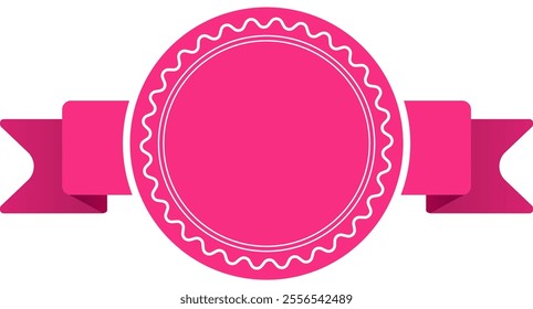 Pink blank round label with ribbon banner represents an award badge, celebrating achievement, quality, or guarantee, ideal for promotional or celebratory design