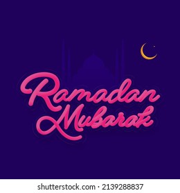 Pink Blend Effect Ramadan Mubarak Font With Golden Crescent Moon, A Star On Purple Silhouette Mosque Background.
