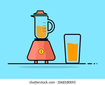 Pink blender with an orange liquid and on the right side a transparent glass or plastic cup on a blue background