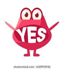 Pink Blob Saying Yes, Cute Emoji Character With Word In The Mouth Instead Of Teeth, Emoticon Message