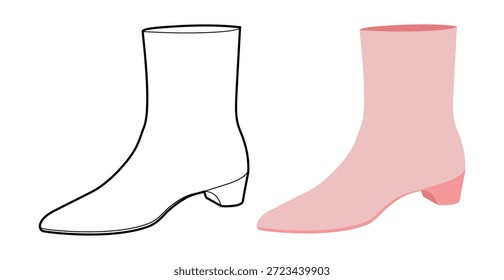 Rosa Block Absatz Knöchel Stiefel Frauen flach plus Linie Set. Runde Zehe mit klotziger Sohle Winternacht festliche Versammlung. Technische Mode-Illustration CAD mock-up gemischt vektor men unisex isoliert chic style