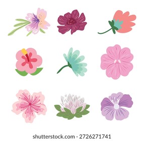 Conjunto de cabeza de flor floreciente rosa. Ilustración vectorial de flores de hibisco y rosa para el patrón floral de primavera o decoración de bodas