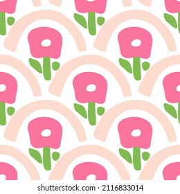 Pink blooming meadow. Vector seamless pattern