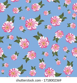 Pink blooms seamless vector pattern on blue background. Flaroal surface print design. For summer fabrics, stationery and packaging,