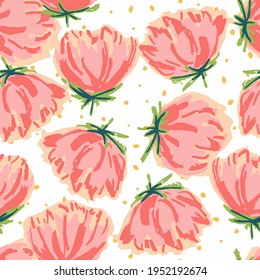 Pink Blossom Drawing Vector Seamless Pattern. Flower Fashion Template. Red and Blue Textile Felt pen Illustration. Tulip Pretty Design.