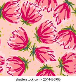Pink Blossom Drawing Vector Seamless Pattern. Rose Valentine Illustration. Red and Blue Romantic Drawn Background. Flower Abstract Design.