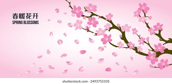 Pink blossom flowers blooming on tree, Chinese New Year Festive, Spring Festival, Family reunion dinner Chinese new year festive, Plum and peach blossoms floral decorations symbolize courage, hope