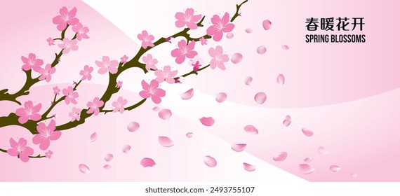 Pink blossom flowers blooming on tree, Chinese New Year Festive, Spring Festival, Family reunion dinner Chinese new year festive, Plum and peach blossoms floral decorations symbolize courage, hope