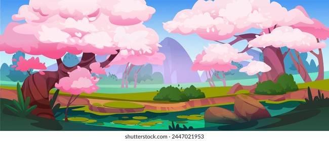 Bosque de flores rosadas con paisaje de primavera de estanque. Jardín de Japón con agua de lago, sakura y fondo de dibujos animados de roca. Árbol de cerezo, montaña y paisaje de hierba para el dibujo japonés al aire libre escena panorámica