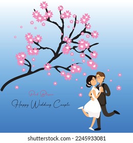 Pink blossom perfect match happy wedding couple illustration isolated on blue.