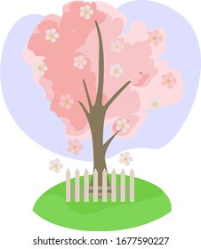 Pink blossom sakura or cherry tree with big open  flower on green hill protected by light fence on blue sky background spot. Spring in the park. Cute vector illustration in flat style. 