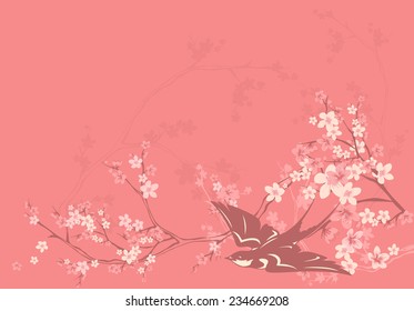 pink blossom spring background with swallow and cherry flowers - vector design elements