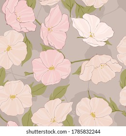 Pink Blossom Spring Vector Seamless Pattern. Decorative Flower Wallpaper. Poppies Exotic Tile. White Poppy Background.