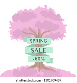 Pink blossom tree with spring sale ribbon isolated on white background. Cherry blooming tree for your promotion design.