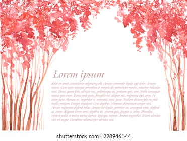 Pink blossom trees alley. Watercolor background with copy space.