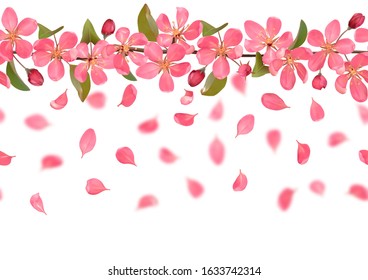 Pink blossoming cherry branches with bokeh effect seamless pattern