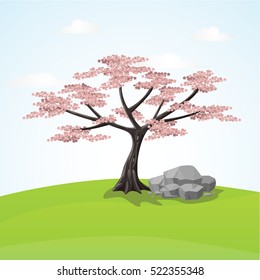Pink Blossoming Japanese Flowers.Cherry Blossom Vector Illustration.