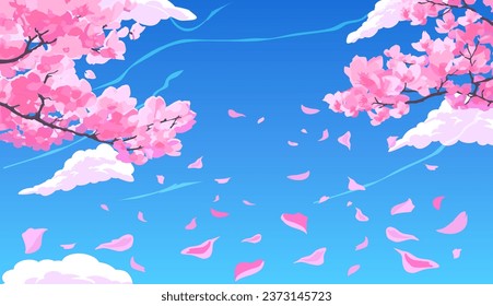 Ramas de cerezo sakura en flor rosa con pétalos cayendo sobre el fondo de un cielo azul brillante con nubes. Imagen vectorial en forma de manga y anime.