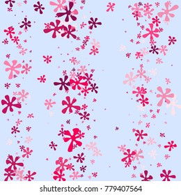 Pink blots on a blue background. Abstraction with blots. Pink confetti. A scattering of blots. Pink flowers. Spring. A scattering of confetti. Placer from the flowers.