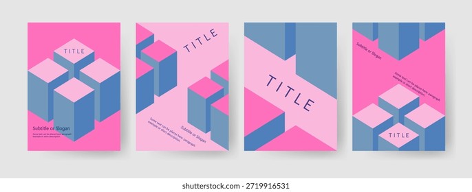 Cubos isométricos 3D de color rosa y azul en un conjunto de Vectores minimalistas. Bloques geométricos pastel modernos para la identidad corporativa, portadas de revistas. Formas abstractas Duotone, Plantilla de volante creativo, estilo arquitectónico.