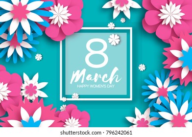 Pink Blue 8 March. Happy Women's Mother's Day. Floral Greeting Card. Paper cut Flowers. Origami flower. Square frame. Text. Eight number. Spring blossom. Seasonal holiday. Trendy decoration. Vector 