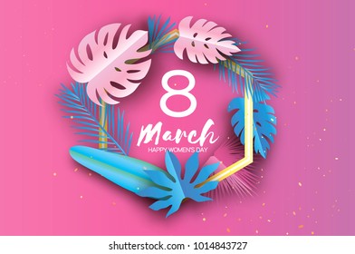 Pink blue 8 March. Tropical palm leaves, plants. Paper cut style. Exotic Hawaiian holidays. Space for text. Hexagon frame. Happy Women s Day. 8 March. Mother s Day.