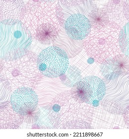Texturas de círculo abstracto rosa y azul. Elementos modernos con líneas de garabatos, puntos, bucles y flores. Patrón sin fisuras. Fondo de elementos dibujados a mano para tela, envoltura, papel pintado o tarjetas.