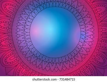 Pink and blue abstract hand drawn zentangle background with part of the mandala in the middle