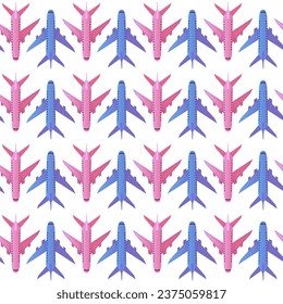 Pink and blue airplane seamless pattern. Vector illustration
