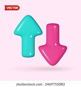 Pink and blue arrows point up and down. Realistic 3D design in plastic cartoon style. Isolated icon on pink background. Vector illustration.