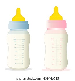 Pink And Blue Baby Bottles Isolated On White Background