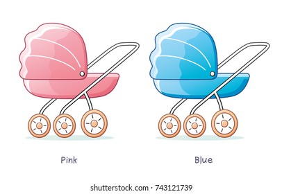 Pink and blue baby child pram stroller isolated