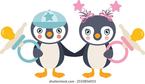 Pink and blue baby penguin holding a baby pacifier