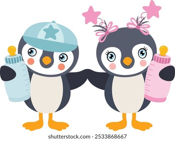 Pink and blue baby penguin holding a baby bottle of milk